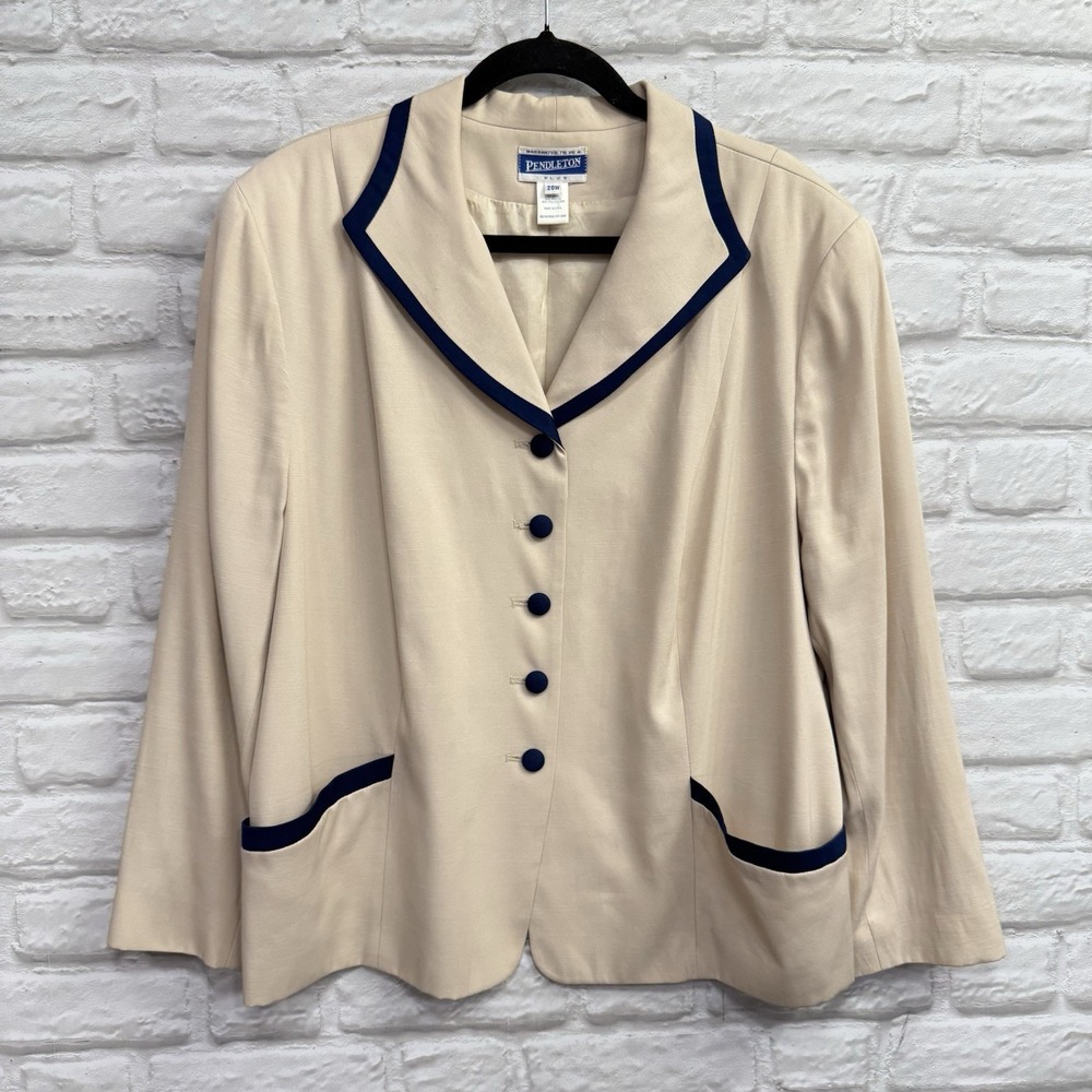 Vtg Pendleton Woman's Plus 20W Lined Blazer Jacket Khaki Tan Navy Button Pockets